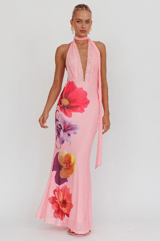 Italia Azure Halterneck Maxi Dress Flowers Pink