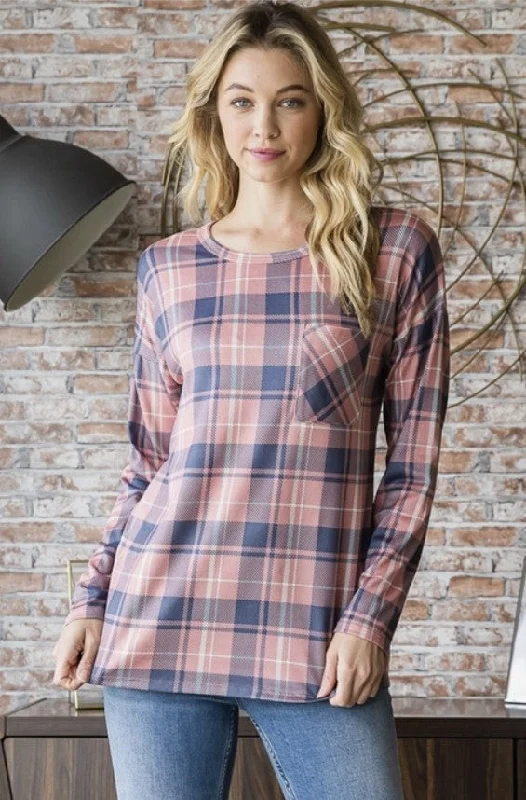 Salmon/Blue Plaid Long Sleeve Top - #8631-8636