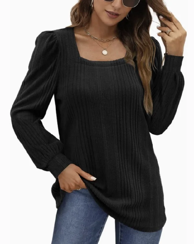 Black Square Neck Long Sleeve Top - #8649-8652