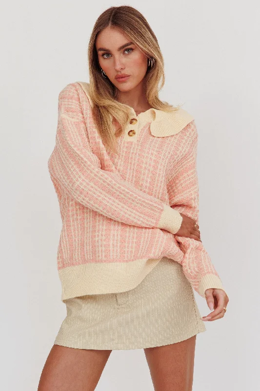 Rewrite Quarter Button Knit Sweater Coral