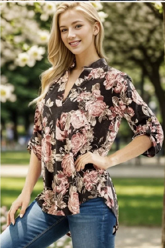 Black Floral 3/4" Sleeve Top - #7829-7834