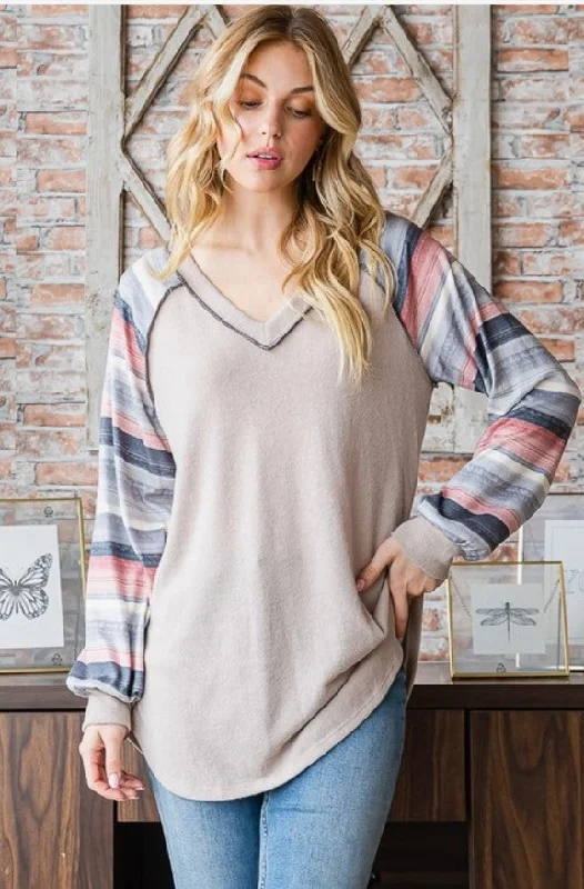 Taupe Top w/Striped Long Sleeves - #6261-6266