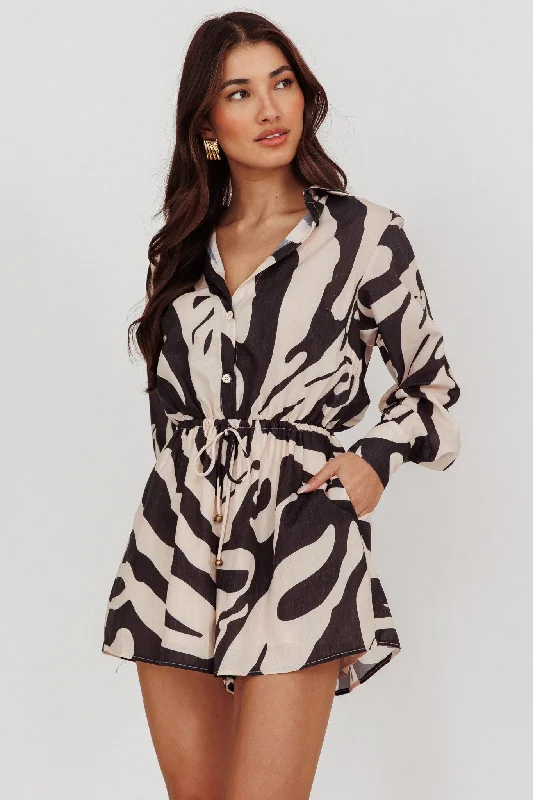 Tiki Long Sleeve Romper Print Beige