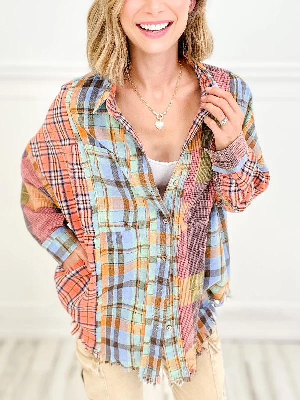 Sherbet Washed Plaid Mixed Buttondown Shirt Top