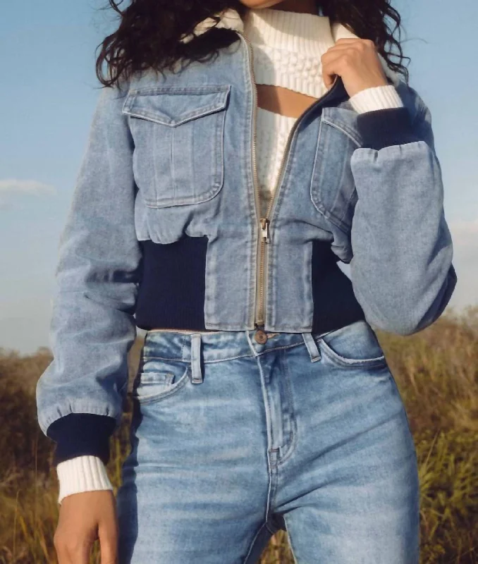 Jacklyn Fur Collar Denim Jacket In Denim Blue