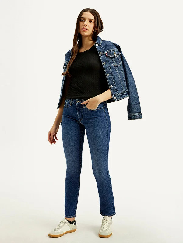 Women's Mid Rise Straight Fit Dark Blue Jeans