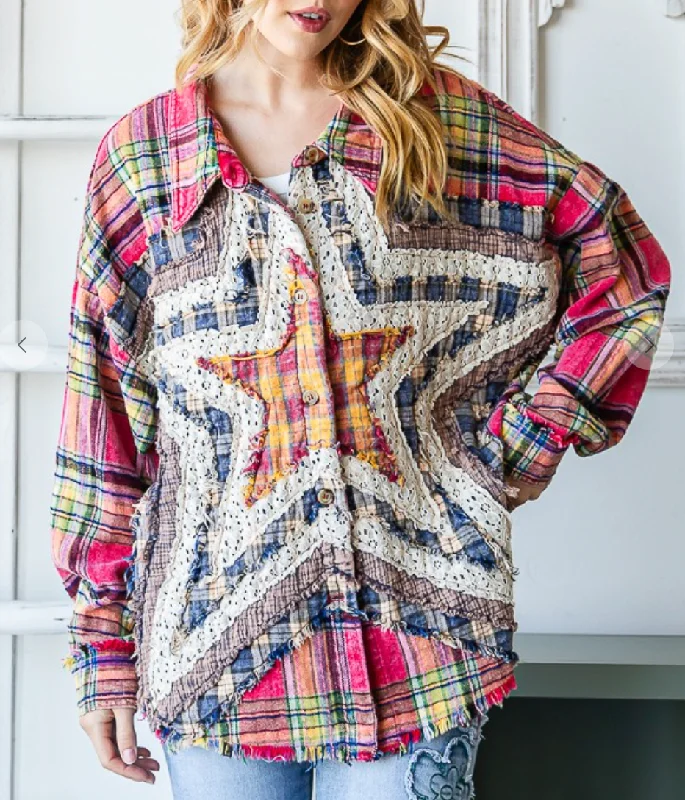 Lucky Star Washed Star Plaid Top