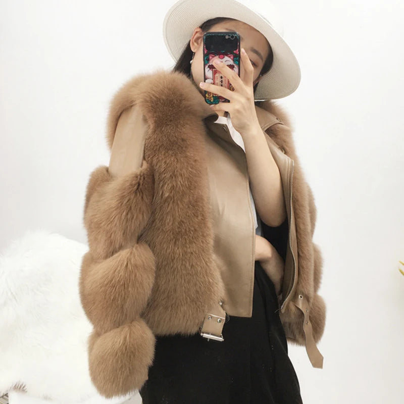 Women's Luxury Brown Winter Real Fox Fur Genuine Sheepskin Leather Jacket