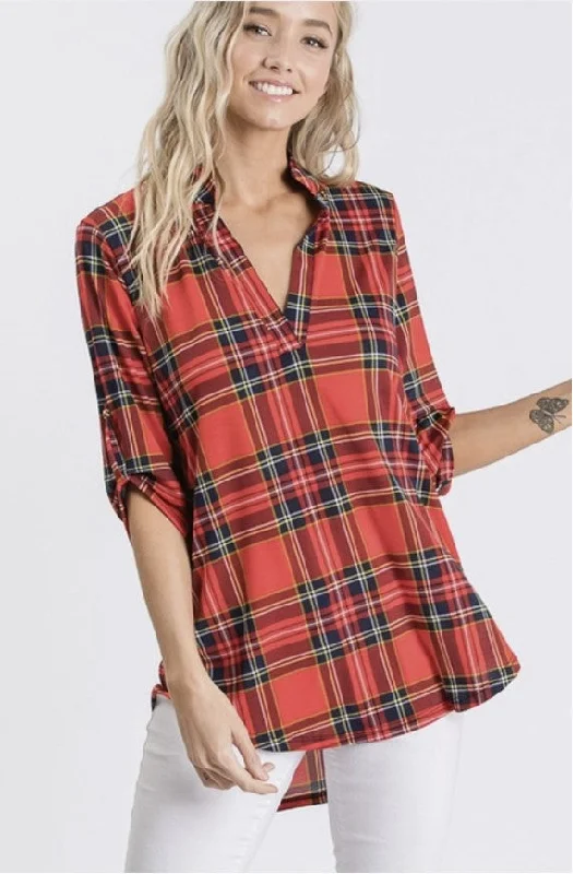 Red Plaid Top w/Roll Up Sleeves - #8278-8283