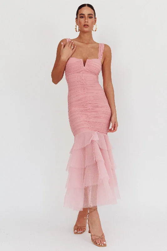 Nadia Tulle Hem Ruched Maxi Dress Pink