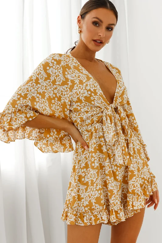 Athira Tied Bust Flared Sleeve Floral Stencil Print Romper Yellow