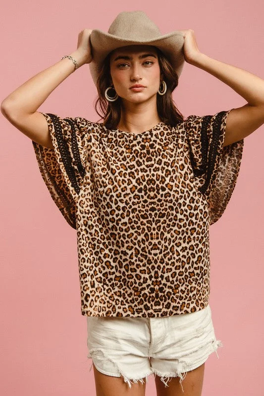BiBi Leopard Crochet Trim Round Neck Short Sleeve Top Refined Women's 