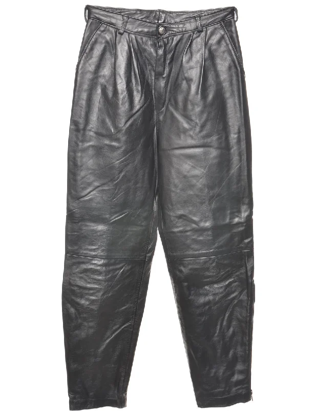 Leather Black  High Waisted Pleated Trousers - W27 L27 Feminine Women's Soft 